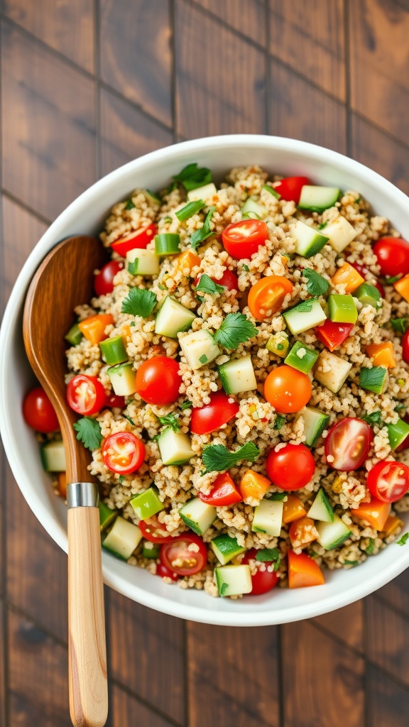 Quinoa salad with cherry tomatoes, cucumbers, bell peppers, and parsley in a bowl, garnished with lemon vinaigrette.